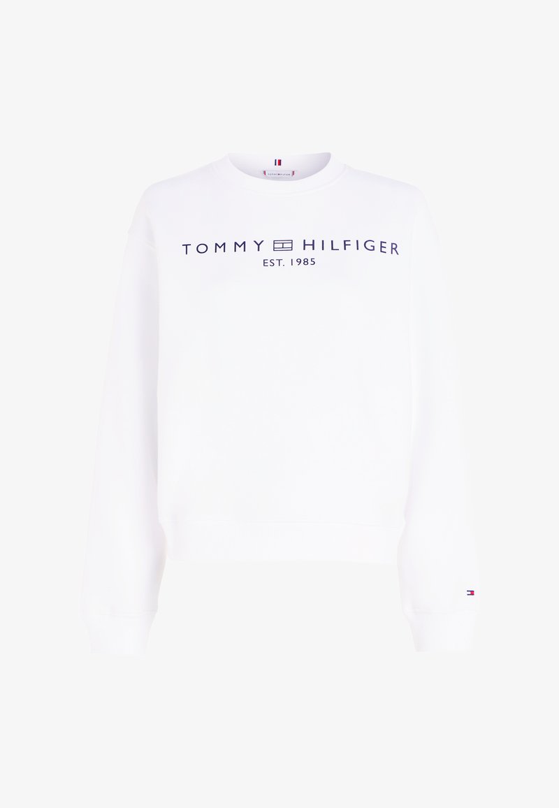 Weißes Sweatshirt aus Baumwolle mit Rundhalsausschnitt, langen Ärmeln und dunkelblauem Logo-Text "TOMMY HILFIGER EST. 1985" auf der Vorderseite.