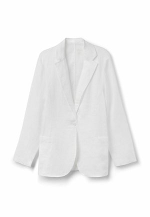 Witte linnen blazer met een notch-lapel, enkele knoopsluiting en twee voorzakken. De stof heeft een gladde textuur en een relaxte pasvorm.