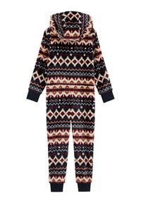 Fleece overal s kapucí, zdobený geometrickým vzorem v námořnické modré, krémové a burgundské barvě. Obsahuje žebrované manžety a dlouhé nohavice.