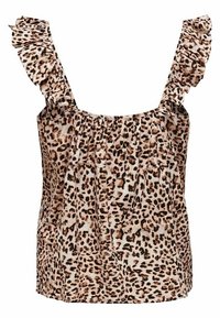 Halenka bez rukávů pro ženy s volány na ramínkách, s béžovým a hnědým leopardím potiskem a volným, nab�íraným designem.