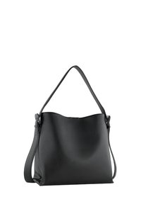 Borsa a tracolla in pelle nera con una trama liscia, design con parte superiore curvata e una singola tracolla regolabile. Branding sottile visibile sulla parte anteriore.