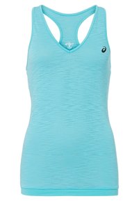 Débardeur de sport bleu aqua en tissu texturé, avec un col en V et un dos nageur, orné d'un petit logo sur la poitrine.