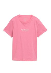 Tricou roz cu mâneci scurte, realizat din țesătură moale. Are gât rotund și un logo alb al brandului imprimat în față.