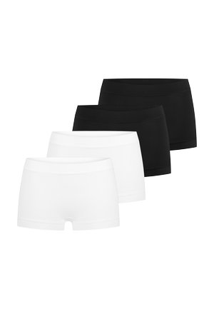 Vier nahtlose Stretch-Boxershorts aus Stoff, zwei in Weiß und zwei in Schwarz, in einer versetzten Reihe angeordnet.