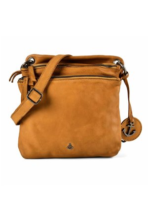 Borsa a tracolla in pelle color cuoio con tracolla regolabile, due scomparti con cerniera e piccolo logo metallico a forma di ancora sul davanti.