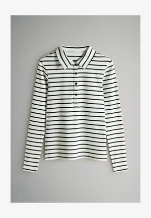 Wit longsleeve poloshirt met zwarte horizontale strepen, voorzien van een kraag, vijf zwarte knopen en ribbelstructuur.