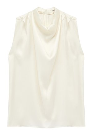Mouwloze crèmekleurige satijnen blouse met een gedrapeerde col en ritssluiting aan de achterkant.