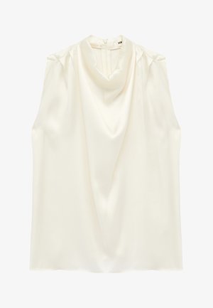Blusa smanicata in raso color crema con scollo a cappuccio drappeggiato e chiusura con cerniera sul retro.