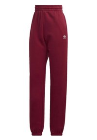 Vinröda Adidas sweatpants med elastisk midja och muddar, som har en liten vit Adidas-logga på vänster lår.