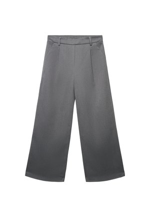 Pantaloni grigi a gamba larga realizzati in tessuto testurizzato. Caratterizzati da una vita piatta con pieghe e due tasche laterali. Design classico e versatile.