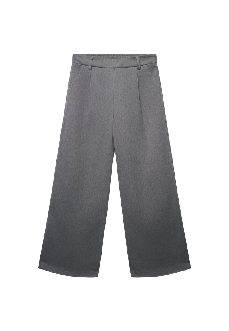 Szare spodnie z szerokimi nogawkami, wykonane z teksturowanej tkaniny. Posiadają gładki przód z zaszewkami oraz dwie boczne kieszenie. Klasyczny i wszechstronny design.