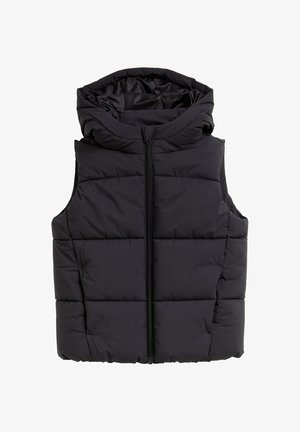 Gilet imbottito nero con cappuccio, dotato di chiusura zip verticale e sezioni imbottite. Il materiale appare liscio e leggermente lucido.