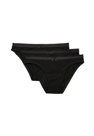 Trois culottes bikini noires pour femmes avec petits nœuds sur la ceinture, disposées en chevauchement sur fond blanc.