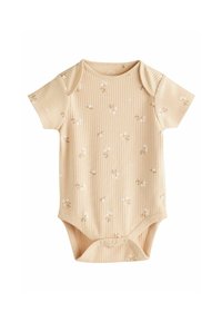 Kurzarm-Babybody aus weichem, beige geripptem Stoff, mit einem floralen Muster und Druckknöpfen am Boden für ein einfaches Anziehen.