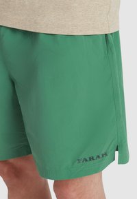 Costumi da bagno verdi realizzati in materiale leggero, con una leggera lucentezza, fessure laterali e un logo scuro sulla gamba inferiore.