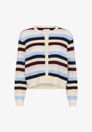 Knapp-up cardigan med horisontella ränder i krämfärg, ljusblått, svart, bordeaux och blekrosa, med långärmar och rund halsringning.