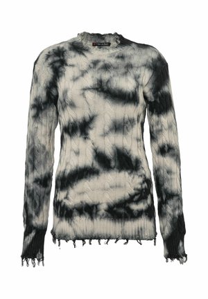 Kabelgebreide trui in crème en zwarte tie-dye, met een rafelige nek en zoom. De stof heeft een gestructureerde uitstraling met lange mouwen.