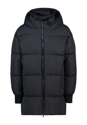 Veste d'hiver noire rembourrée avec capuche, fermeture éclair à l'avant et poignets côtelés, conçue pour la chaleur et la protection contre le temps froid.