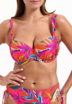Top bikini colorato con motivi floreali e animalier. Realizzato in tessuto morbido con spalline regolabili e supporto con stecche.
