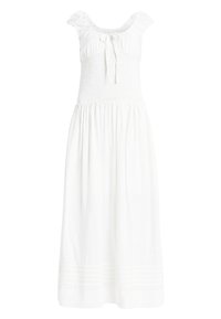 Robe maxi blanche avec un corsage smocké, des manches courtes légèrement froncées et des liens au niveau du décolleté. Présente des accents texturés horizontaux au niveau de l'ourlet.