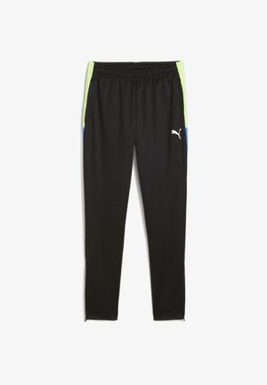 Pantalon de sport noir en matériau lisse, avec des accents verts et bleus sur les côtés et un logo blanc à l'avant. Ceinture élastique.