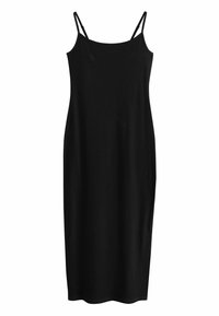 Abito nero senza maniche con spalline sottili, realizzato in un tessuto liscio e elasticizzato. Presenta una silhouette aderente e un design lungo fino al ginocchio.