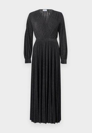 Pikk must kleit V-kaelusega, pikkade varrukatega, voltidega seelikuga ja tekstuurse sädelev viimistlusega, millel on istuv talje ja lõdvad mansetid.