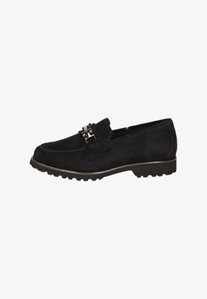 Schwarze Wildleder-Loafer mit einer flachen Gummisohle, die ein dekoratives, metallisch akzentuiertes Band an der Vorderseite aufweist. Glatte Textur mit einem eleganten Design.