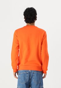 Sweatshirt portocaliu cu mâneci lungi, design cu guler rotund, cu manșete și tiv din material ribbed. Purtați cu pantaloni scurți din denim albastru, având două buzunare în spate.