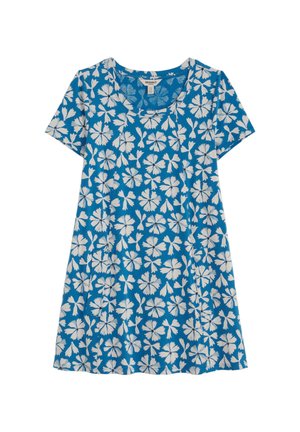 Robe courte à manches courtes bleue avec un motif floral blanc, col rond et coupe ample.