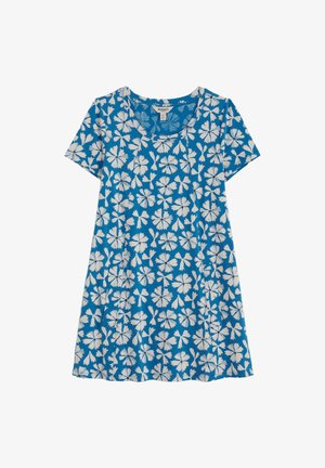 Robe courte à manches courtes bleue avec un motif floral blanc, col rond et coupe ample.