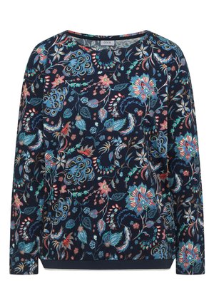Marineblå langærmet skjorte med farverige blomster- og bladmønstre i blå, pink, grønne og orange nuancer, med rund halsudskæring.