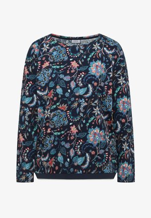 Marineblauw shirt met lange mouwen en kleurrijke bloemen- en bladmotieven in blauw, roze, groen en oranje tinten, met een ronde halslijn.