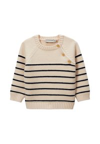 Pull en tricot beige clair avec des rayures bleu marine. Il présente un col rond, des manches longues, et trois boutons décoratifs sur l'épaule gauche.