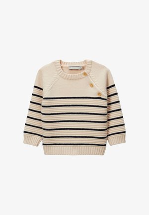 Pull en tricot beige clair avec des rayures bleu marine. Il présente un col rond, des manches longues, et trois boutons décoratifs sur l'épaule gauche.