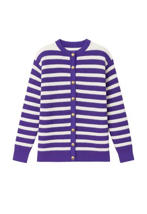 Purple and white horizontal striped button-up cardigan with gold buttons and ribbed cuffs and hem.