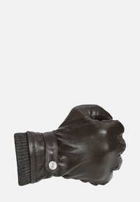 Brun läderhandske med ribbat grått stickat manschett, med en knappaccent och veckad detalj på baksidan. Slät yta med en tight passform.