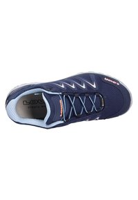 Navy blue athletic shoe with mesh upper, light blue accents, and black laces. Features rubber sole and prominent logo on the side.