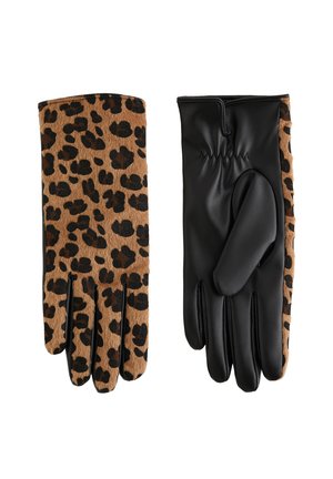 Par rukavica, jedna s smešasto-smešnim leopard printom u smešnoj i crnoj boji, a druga u crnoj koži s leopard print detaljima sa strane.
