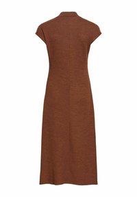 Robe en maille marron mi-longue avec manches courtes et un col discret, vue de dos sur fond blanc.