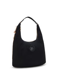 Borsa a spalla in nylon nero con una forma curva, chiusura con zip e una toppa rotonda con logo. Presenta dettagli in metallo dorato e una sola tracolla.
