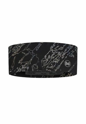 Black elastic headband with abstract white and gray marble-like patterns and a small white Buff logo on the side.