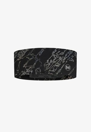 Black elastic headband with abstract white and gray marble-like patterns and a small white Buff logo on the side.
