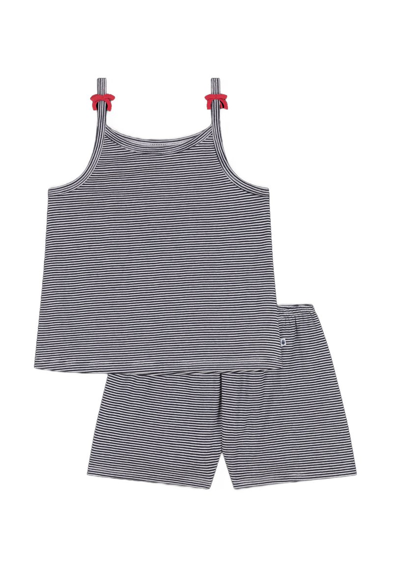 Gestreepte tanktop met rode accenten en bijpassende shorts. Gemaakt van zachte stof, heeft een comfortabele pasvorm en verstelbare schouderbanden.