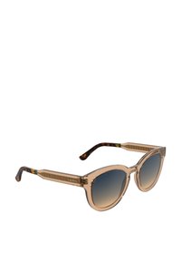 Brązowe okulary przeciwsłoneczne z beżowymi przezroczystymi oprawkami, kształt kociego oka, zdobione akcentami w kolorze żółwia na zausznikach, z logo "LACOSTE".