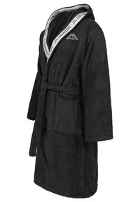 Schwarzer Frottee-Bademantel mit Schalkragen und bindbarem Taillengürtel. Verfügt über kontrastierenden strukturierten Besatz, eine einzelne Tasche und gesticktes Logo.