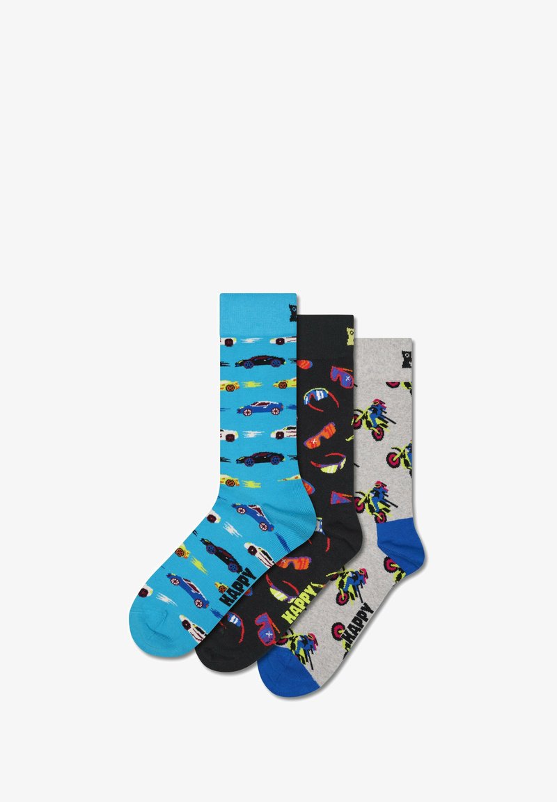 Tres pares de calcetines: azules con patrones de coches, negros con formas coloridas variadas y grises con diseños de motos. Mezcla de algodón, hasta la rodilla.