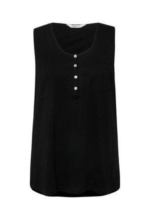Black sleeveless top made of a soft fabric, featuring a scoop neckline, five white buttons, and a small left chest pocket.