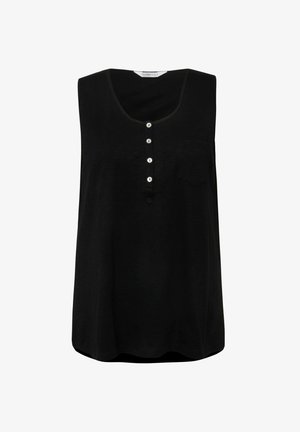 Top negro sin mangas de tela suave, con escote redondo, cinco botones blancos y un pequeño bolsillo en el pecho izquierdo.