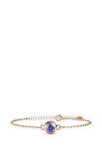 Bracciale in oro rosa con ciondolo rotondo in pietra viola, collegato da una fine catena con chiusura sicura.
